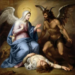 the virgin mary with a bikmak on her shoulder talks to satan while jesus is being taken away by the angel j. c. leyendecker