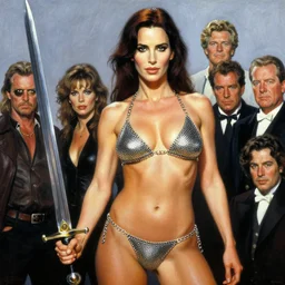 a painting of jennifer connelly wearing a chainmail bikini and holding a sword, by by boris vallejo, julie bell, brom, frank frazetta, jeff easley, cinematic, norman rockwell, trending on artstation, rule of thirds, hd 4 k, focus face, body