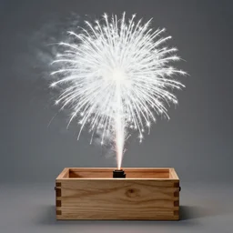 realistic photo of a white fireworks, in a wooden box, front view, grain 1 9 9 0, life magazine reportage photo, metropolitan museum photo