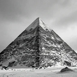 a massive pyramid in the artic. snowing, overcast sky, grainy.