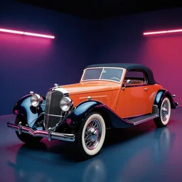 designed by Giorgetto Giugiaro stylized poser of a single 1933 Duesenberg Cord, neon lights, ektachrome photograph