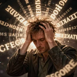 man clutches his head,  surrounded by glowing floating words, by Gregoire