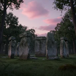 ruins of megalithic structures in a woodland, evening mood, pink clouds in the evening sky, by clive madgwick, artstation, octane render