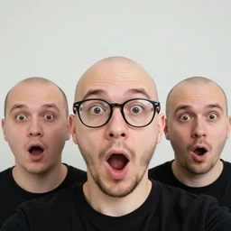 selfie of 3 0 - year old bald man with glasses and sparse beard, mouth wide open, surprise