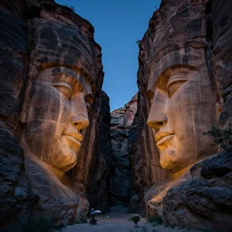 a canyon with huge faces carved into the cliff walls, midnight, by ivan bilibin