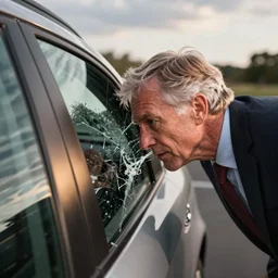 geert wilders headbutting the side window of a car, window breaking, slow motion