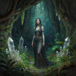 a woman in a lovecraftian eldritch cave with crystals and lush vegetation. this airbrush painting by the award - winning concept artist has dramatic lighting, an interesting color scheme and great sense of depth.