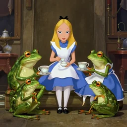 A movie screenshot of frogs and toads (by Brian Froud) having tea with Alice in Wonderland, directed by Henry Selick and Tim Burton, cinematic, balanced composition, whimsical.
