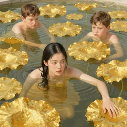 lee jin - eun emerging from gold pond by nicola samuri and ilya kuvshinov, rule of thirds, seductive look, beautiful