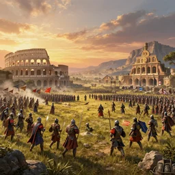 rome total war 2 epic battle, hyper detailed, sunset, trending on artstation