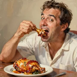 man eating a juicy chicken leg, painted by boris vallejo trending 4K