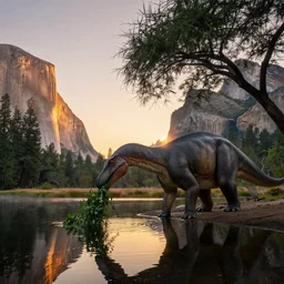calm lake, therizinosaurus eating leaves from an acacia tree, wildlife documentary, sunset, yosemite valley