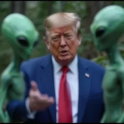 A blurry ominous screen capture of found footage of Donald Trump in the woods talking to an alien