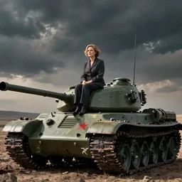 meryl streep sitting in the top hatch of a tank done in soviet propaganda style