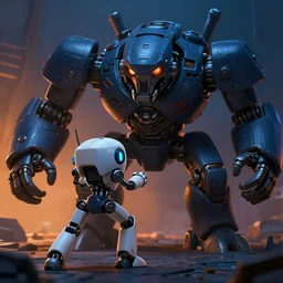 a small robot fighting a big one monster machine, dark fantasy, extremely detailed, sharp focus, smooth, matte painting, blue orange chiaroscuro, trending on artstation