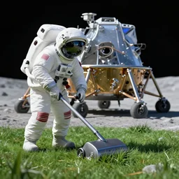 astronaut mowing the lawn outside of the moonbase, trending on artstation, 4k, highly detailed