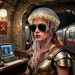 closeup view of a caucasian female jellyfish human hybrid wearing roman armor and visor shades, inside of a dimly lit ancient Roman villa chinese restaurant hybrid with a soviet computer console and open wall leading to a 1920s NewYork subway interior with train with lights, ektachrome photograph, volumetric lighting, 24mm f8 aperture