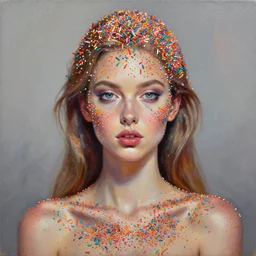 hyperrealism oil painting, fashion model portrait, covered in colorful sprinkles
