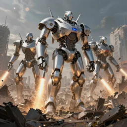 squad of giant elegant silver robots shoot missiles on battlefield, ruined city environment, render, ray tracing, jakub rozalski art style, dramatic, artstation,