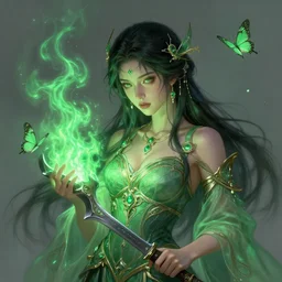 stunning goddess of smithing portrait, green fire, butterflies, fantasy, intricate, elegant, highly detailed, digital painting, artstation, concept art, smooth, sharp focus, illustration, art by afshar petros and krenz cushart and artem demura and tony sandoval