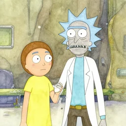 rick and morty as a water - color painting