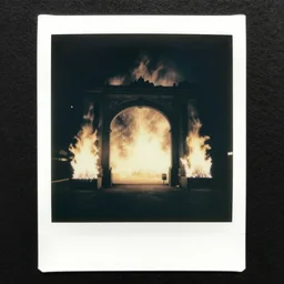 old polaroid of a realistic gateway to hell, there flames everywhere, black and white