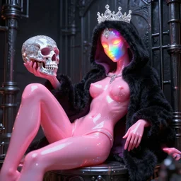 photo of baroque and bladerunner delicate neon ruby sculpture of seductive ceramic albino king adrien sahores space pink iridescent humanoid deity wearing black fluffy hoody holding diamond skull in a black metallic dungeon, reclining, glowing rainbow face, crown of white diamonds, cinematic lighting, photorealistic, octane render 8 k depth of field 3 d