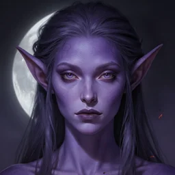 tiefling portrait, purple skin, moon, ashes, fantasy, intricate, elegant, highly detailed, symmetrical face, digital painting, artstation, concept art, smooth, sharp focus, illustration, art by krenz cushart and artem demura and alphonse mucha