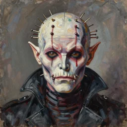 portrait of pinhead from hellraiser. demonic cenobite. oil painting by lucian freud. path traced, highly detailed, high quality, j. c. leyendecker, drew struzan tomasz alen kopera, peter mohrbacher, donato giancola