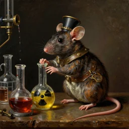 a steampunk mouse performing a chemistry experiment with radioactive beakers, realistic, oil painting by caravaggio, chiaroscuro, renaissance art, realistic, intricate textures, matte fantasy painting