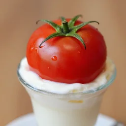 a 5 0 mm macro shot of a tomato and ice cream sundae