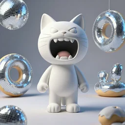 High detail, 8K, disco pictoplasma, one simple angry screaming ceramic toy Figure cat sculpture, c4d, 3d primitives, in a Studio hollow, by pixar, beeple, by jeff koons, blender donut tutorial,  joints, by jonathan ive, by david lachapelle, simulation