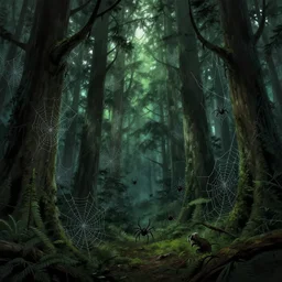 The Spider Thicket, dense coniferous forest. Spiders, spiderwebs, creepy, spooky, scary, anime, lush trees, a fantasy digital painting by Greg Rutkowski and James Gurney, trending on Artstation, highly detailed
