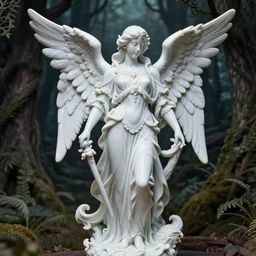 high intricate porcelain baroque angelic warrior standing inside an dark ancient forest, hyper realistic hyperdetailed, 8 k, maria panfilova, andrea savchenko, mike kime, ludovic plouffe, qi sheng luo, oliver cook, trending on artstation