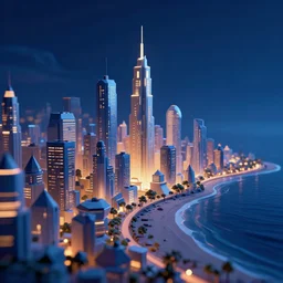 geometric futuristic cityscape, night lights, seashore, 3d minimalistic, distant, sharp focus, smooth, volumetric lights, digital art, acid pixie