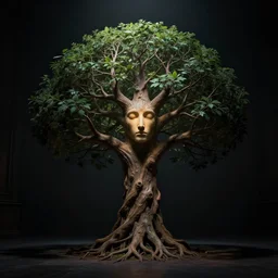 Anthropomorphic treeof life in a dark room, face illuminated, hyperrealistic, artstation, 8k, concept art, very detailed, hd, digital painting, shadows, dimly lit, dramatic lighting