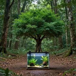 a photo - realistic fishtank in the shape of a tree in the middle of an empty area in a forest n 9
