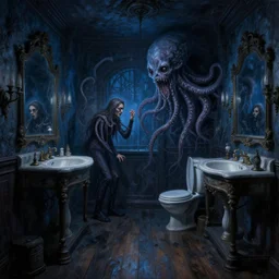 gothic mansion bathroom, wooden floor, darkness, evil, creepy, science, 1 9 century, hard atmosphere, lovercraft, insmouth, tentacles, artwork, paint, blue tones, detailed, by bastien lecouffe deharme, by jeremy mann, by alexander fedosav
