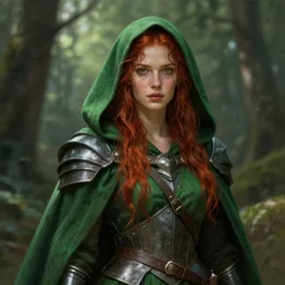 epic portrait an beautiful woman wearing green cape with a hood on, armor, goddess, wet flowing red hair, forest blurry backround, broad light, ambient occlusion, volumetric light effect, made by ivan aivazovsky, peter mohrbacher, greg rutkowski, matte painting, trending on artstation, 4 k, perfectly defined features, digital painting,