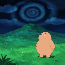 night chubby cartoon concept art, grass night spiral mountain landscape, from lorax movie, black blue green, spiral clouds, sam and max