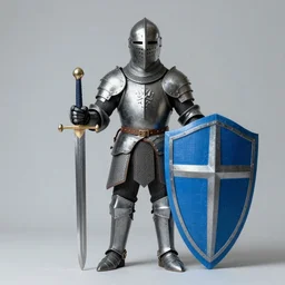 a knight with a sword and shield both made out of blue painter's tape
