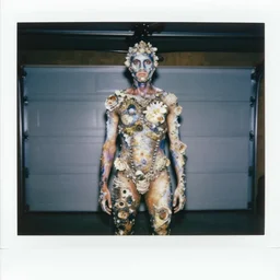 a human covered with iridescent bodypaint, shells and barnacles, standing in his garage, polaroid