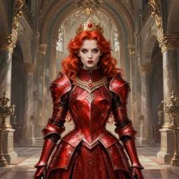redhead queen knight in red armor, inside grand hall in castle with rococo aesthetic, intimidating, high fantasy, intricate detail, digital painting, artstation, concept art, smooth, sharp focus, illustration, art by yoshitaka amano and monia merlo and wlop