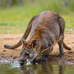 photo of a thylacine, ‘Tasmanian ((tiger))’, thylacine, detailed fur, long thin tail, long snout, small eyes, drinking water from a lake, Australia, HD, National Geographic,