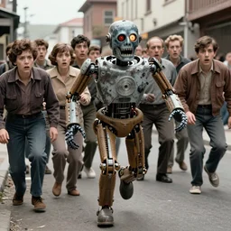 in the style of 1960s, A scary robot is chasing after a bunch of scared adults with fully detailed faces, down the street, fully detailed , faces in focus