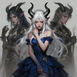 a highly detailed illustration of white haired horned young demon girl wearing dark blue dress, dramatic sad pose, art by artgerm and greg rutowski and ilya kuvshinov, intricate, elegant, highly detailed, centered, digital painting, artstation, concept art, smooth, sharp focus, league of legends concept art, wlop.