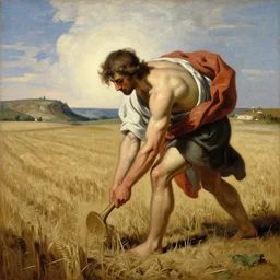 - realistic painting of, cain tilling the field, in the style of miguelangel