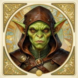 head-on symmetrical centered painted portrait, D&D goblin rogue, green skin, leather armour, art nouveau, tarot card style, fantasy, intricate, elegant, highly detailed, smooth, sharp focus, illustration, artstation, in the style of Anna Podedworna and Alex Ross and Mucha