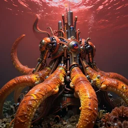 hyperrealistic ornate underwater borg city of atlantis on giant orange and yellow cyborg tentacles matte painting concept art alex grey hajime sorayama cinematic soft red lighting low angle hd 8k sharp shallow depth of field