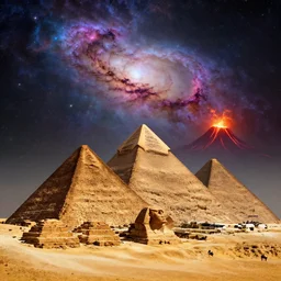 cairo pyramids with a nebula sky and a volcano eruption, digital art